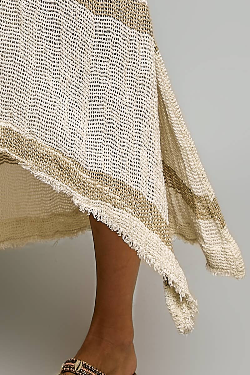 Stripe Pattern Short Sleeve Raw Edge Linen Long Dress