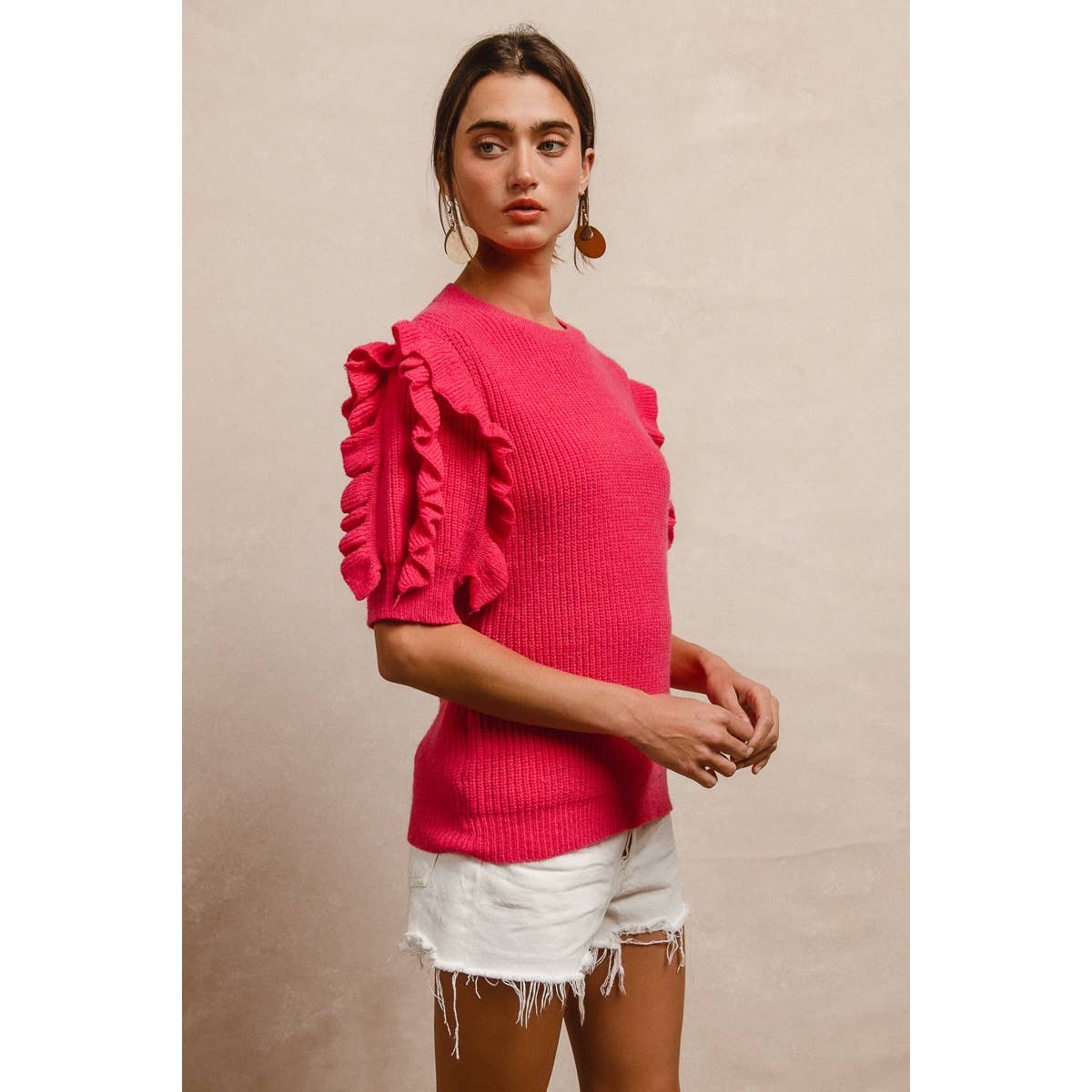 SOLID KNIT RUFFLED SLEEVES TOP
