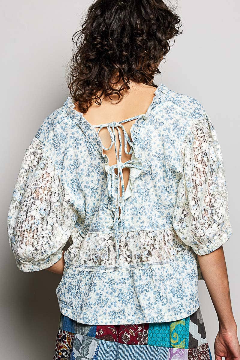 Blue Floral Printed Lace Patch Adjustable Back Loop Ruffled V-Neck Top