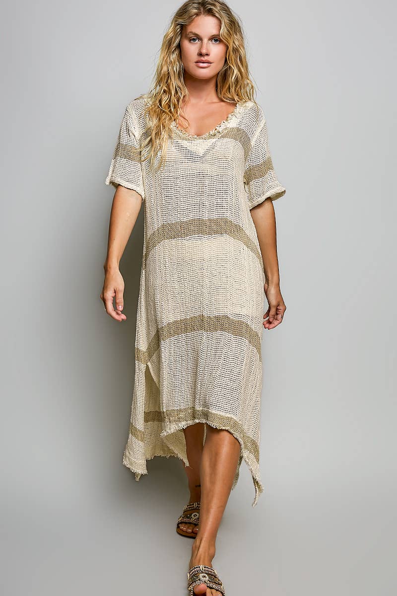 Stripe Pattern Short Sleeve Raw Edge Linen Long Dress