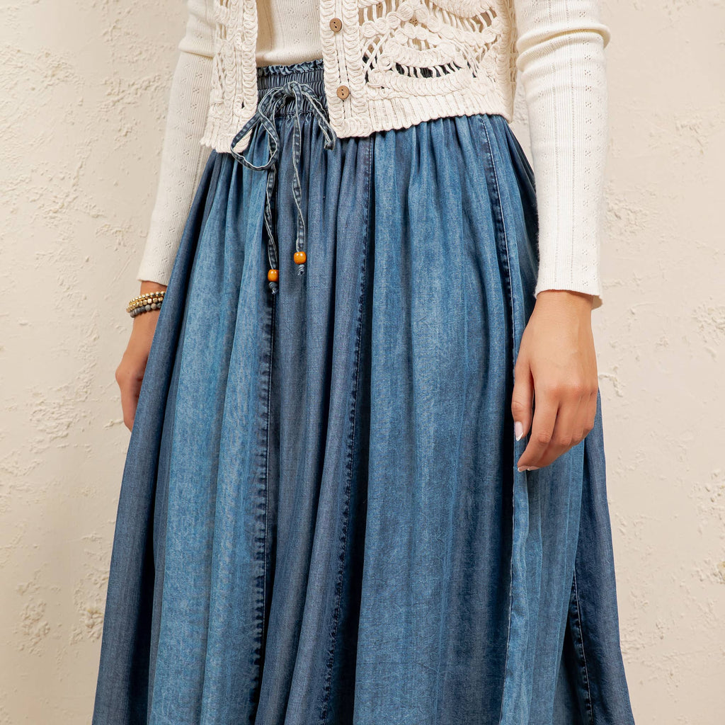 Shirred Elastic Waist Denim Skirt