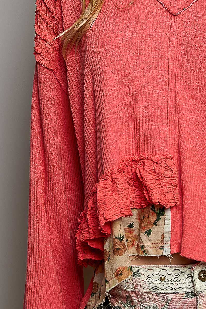 Floral Ruffle Trim Textured Ribbed Long Sleeve Knit Top