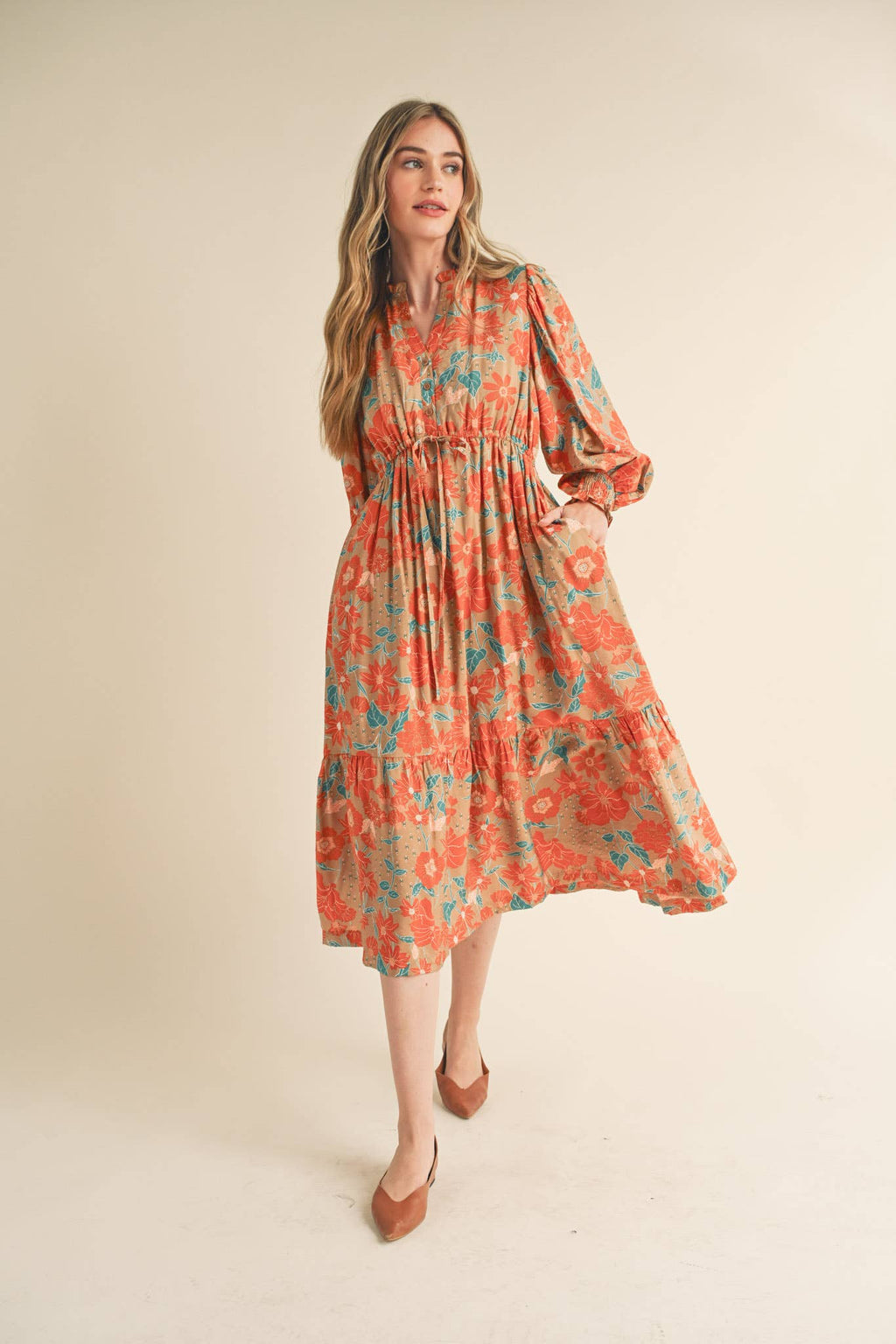 Cream with Rust/Teal Floral Ruffle Maxi Dress