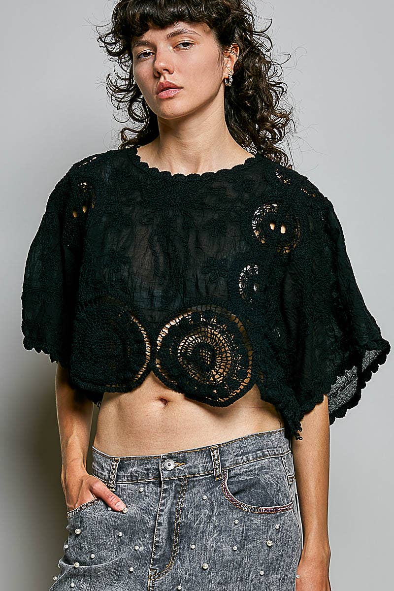 Black Scalloped knitted border Round Neck Crochet 3/4 Sleeve Top