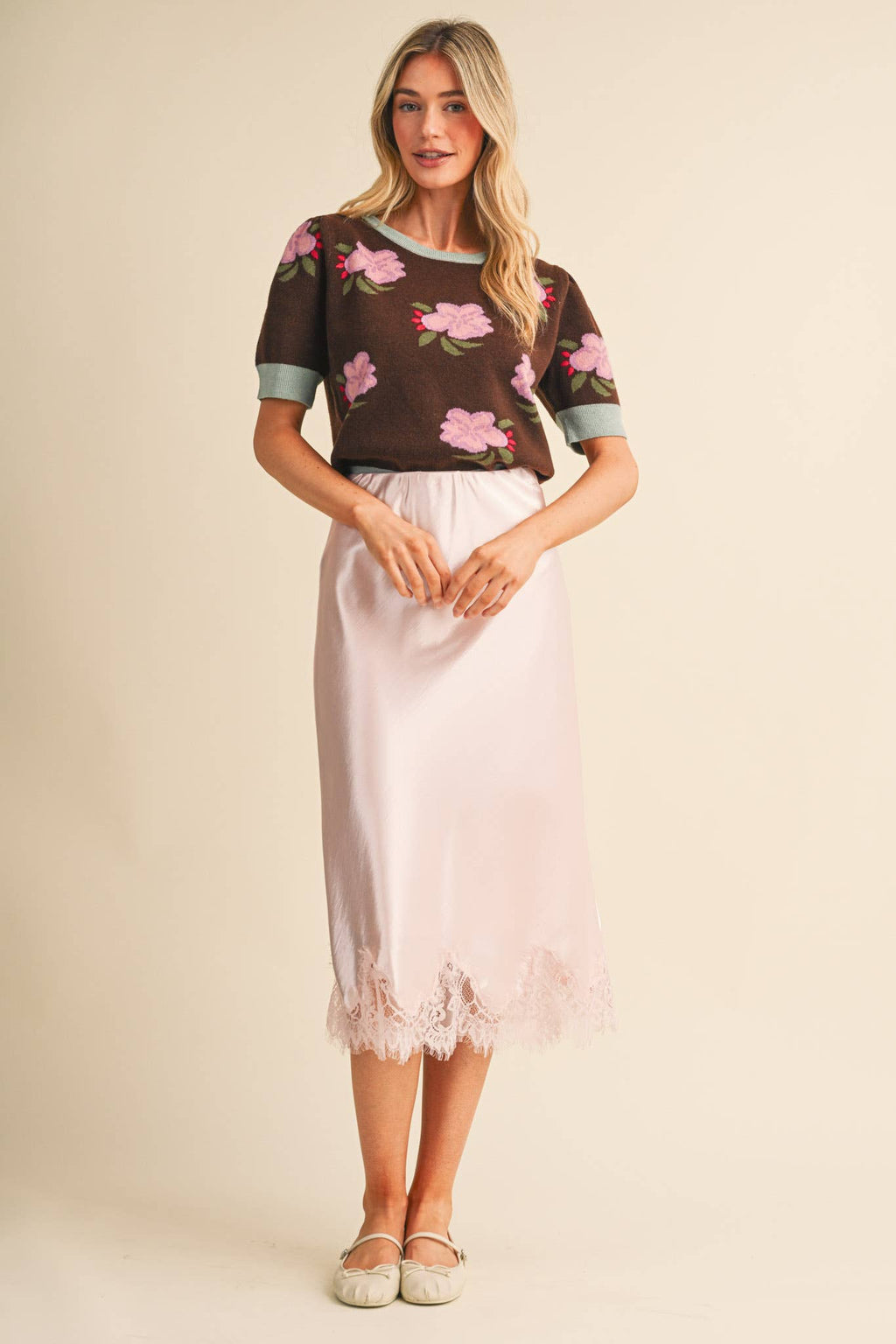 Ballerina Pink Satin Midi Slip Skirt with Lace Hem