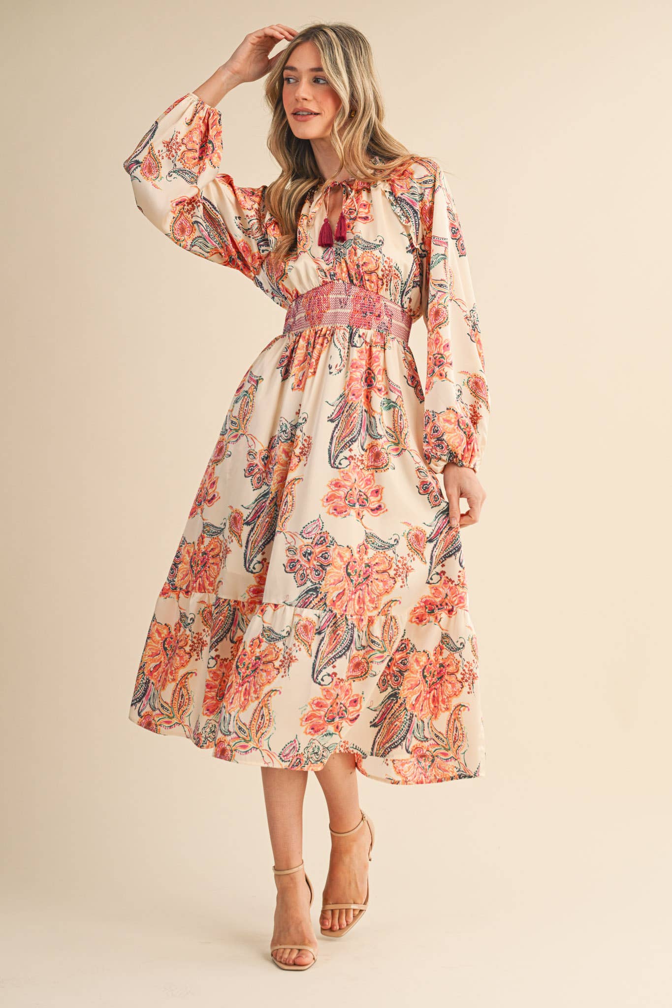 Cream Paisley Dress with Smocked Detail