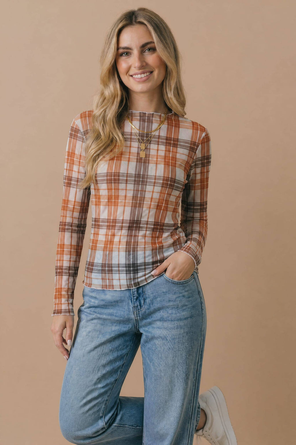 Plus Plaid Mesh Semi Sheer Top