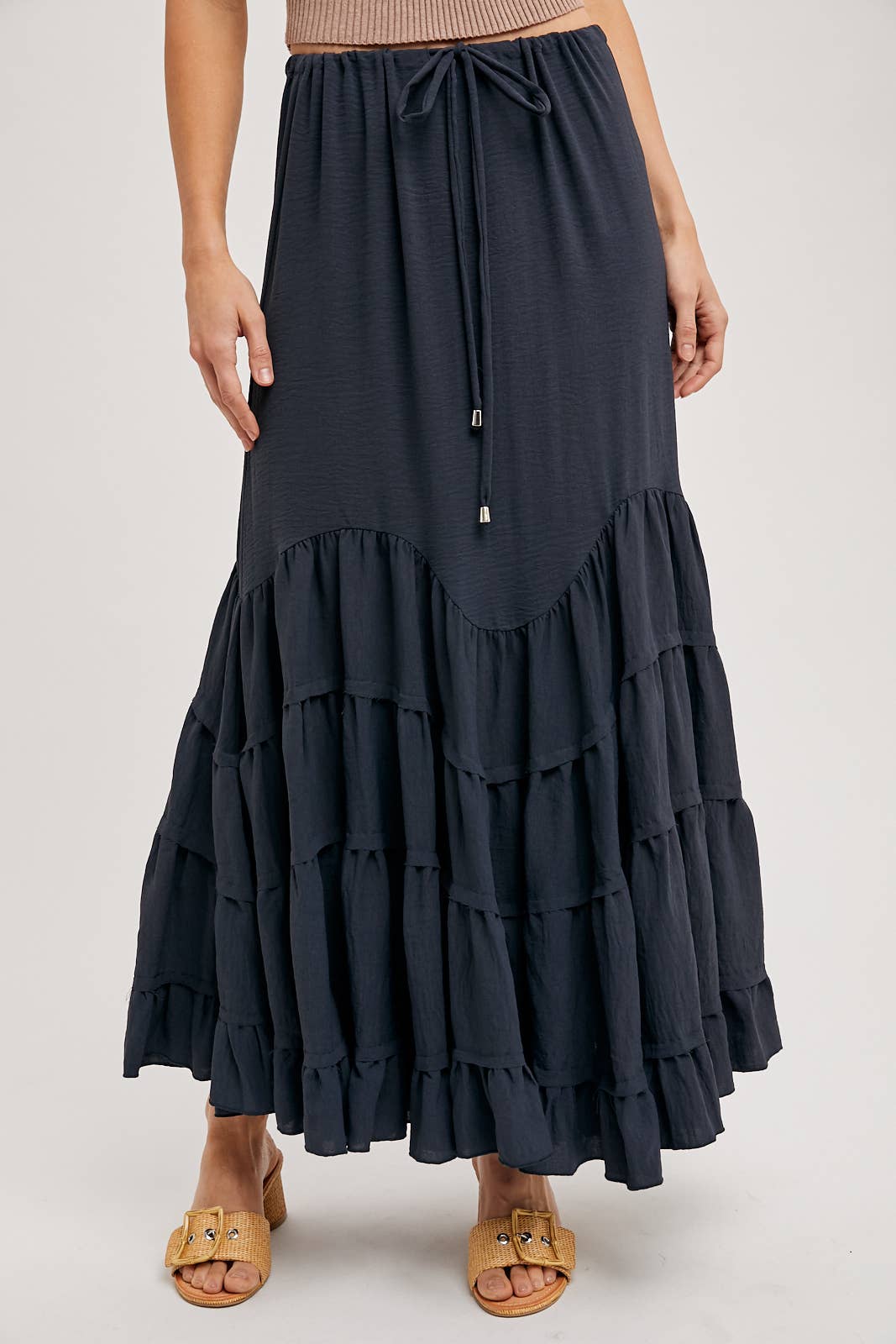 RUFFLED DRAWSTRING WASIT MAXI SKIRT WITH LINING