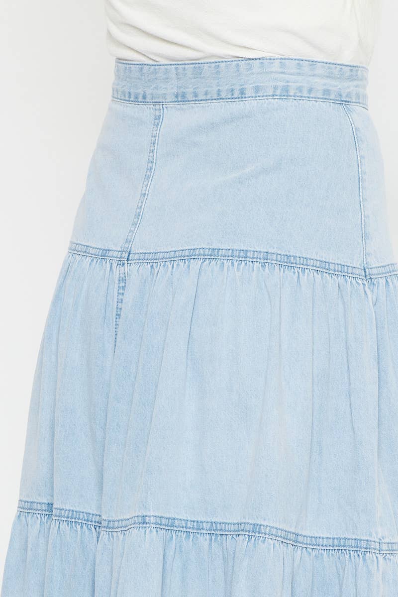Light Wash Tiered Maxi Skirt - Kan Can