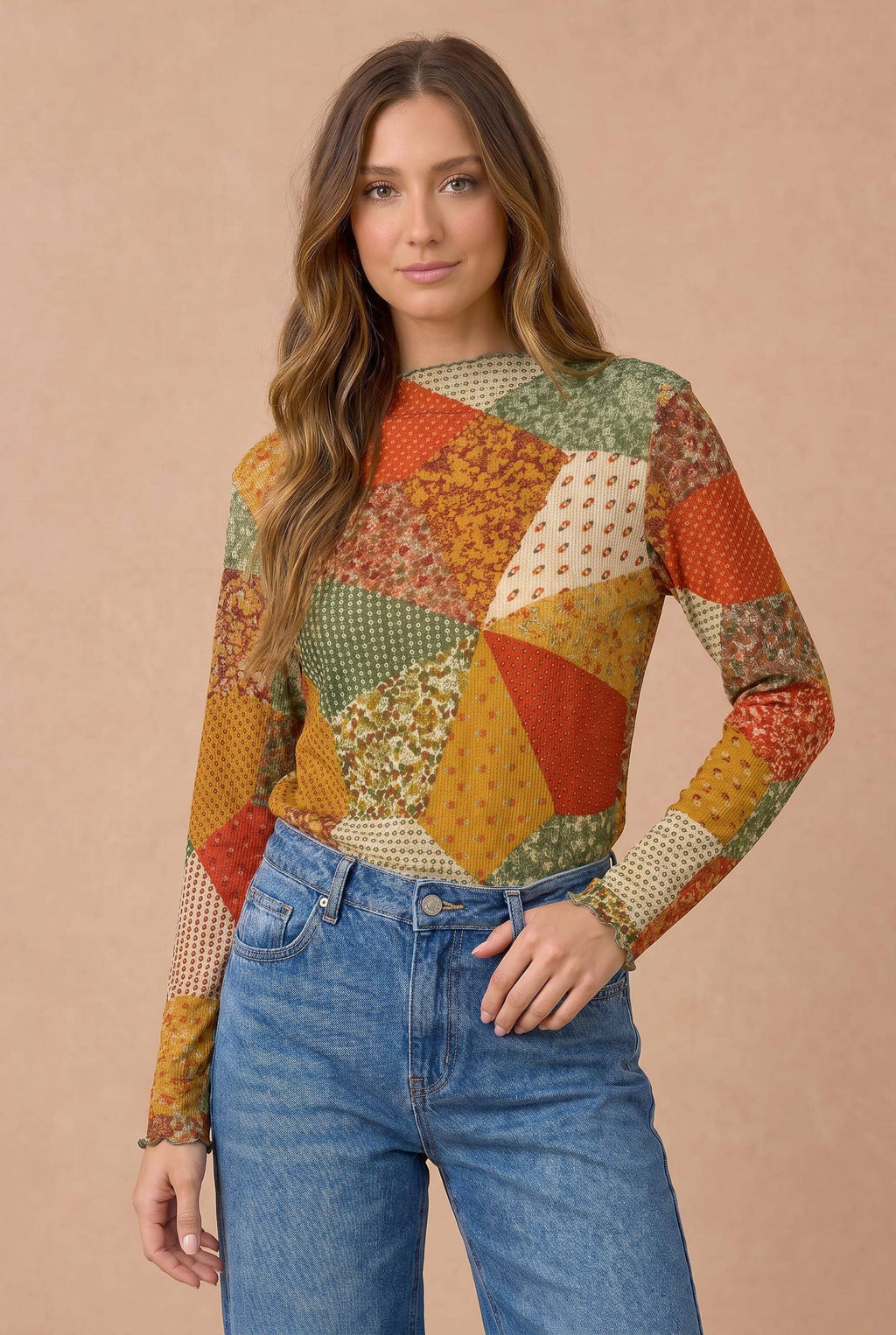 Plus Floral Patchwork Thermal Mock Neck Frill Top