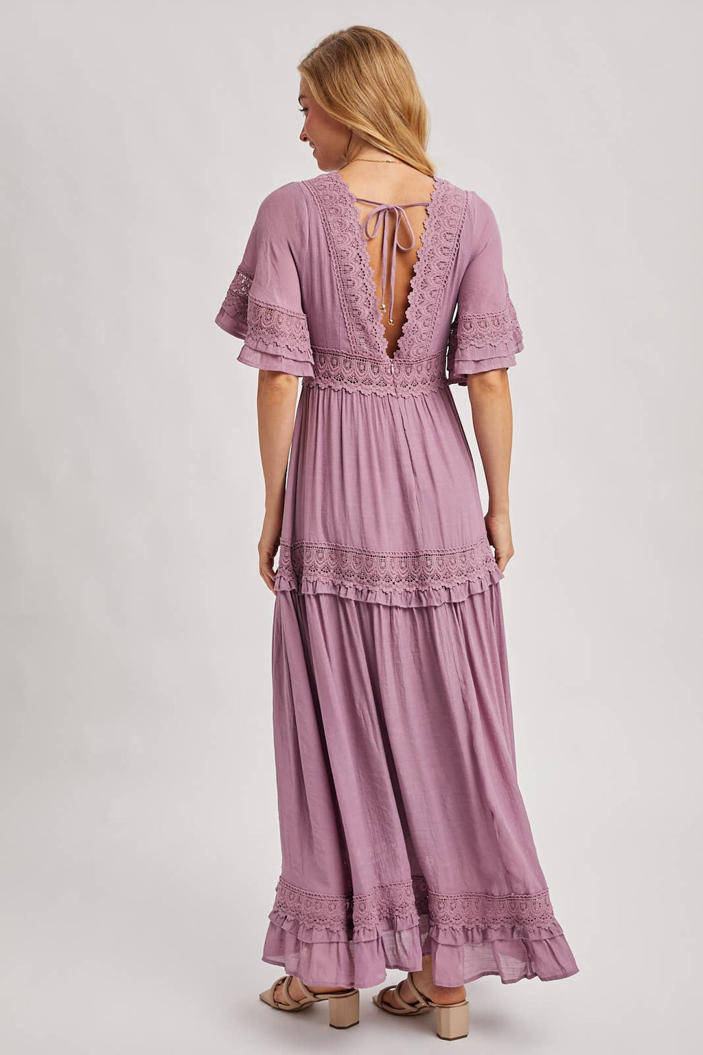 Lace V Neck Maxi Dress with Ruffle Sleeves (Olive & Ivory)