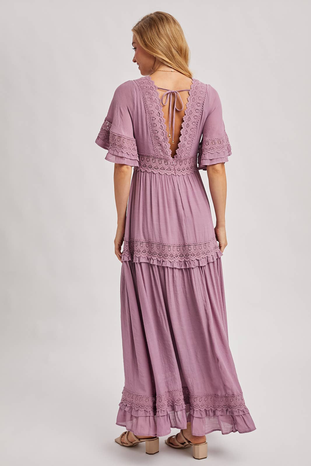 Lace V Neck Maxi Dress with Ruffle Sleeves (Olive & Ivory)