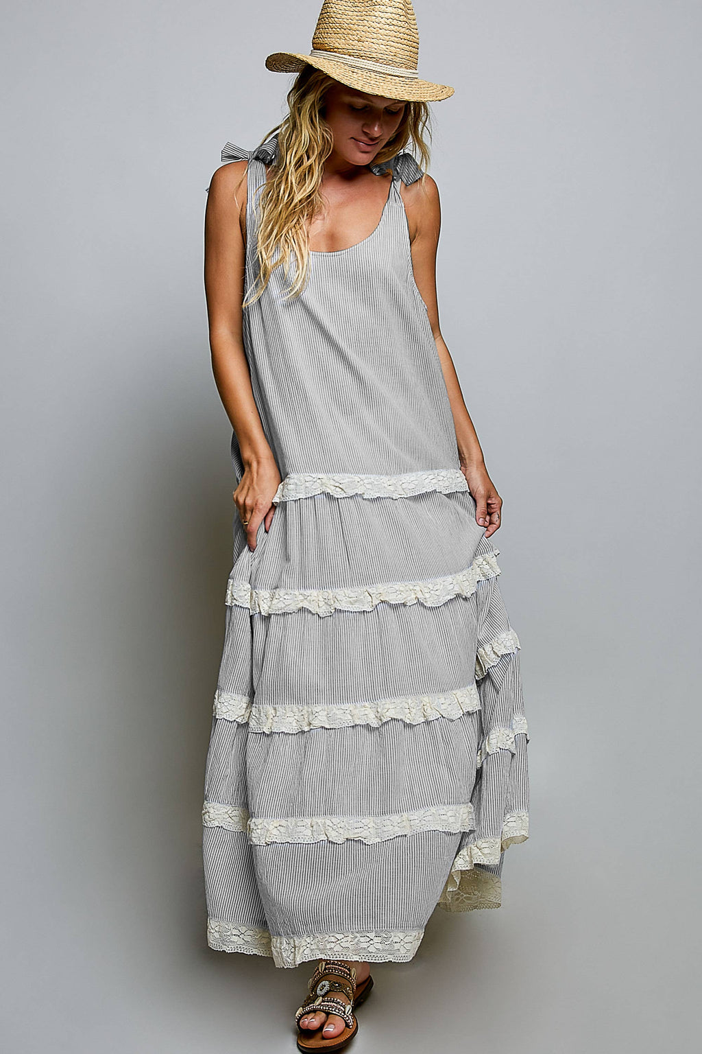 Ivory/Black Striped Tie Top Maxi Dress