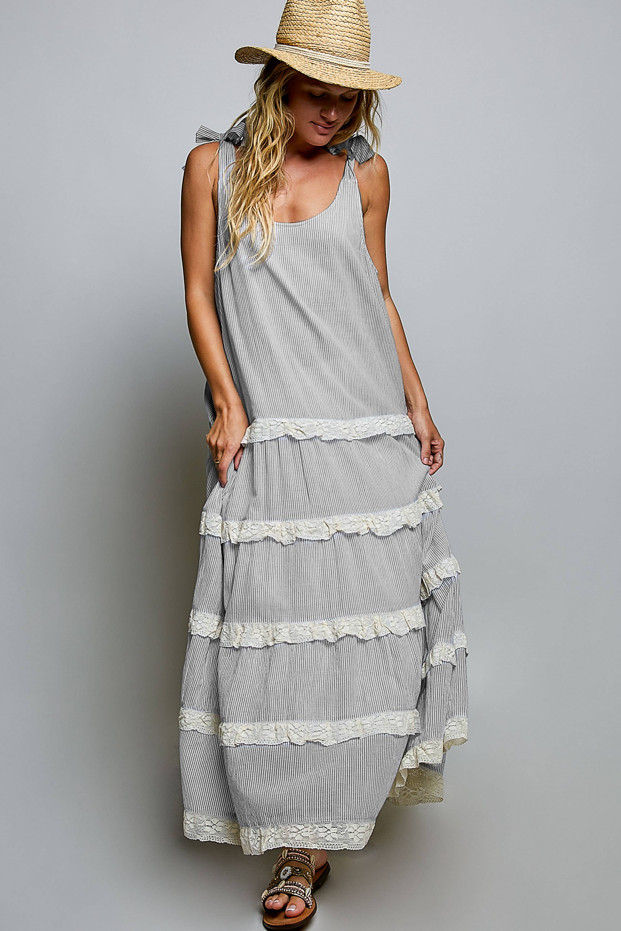 Ivory/Black Striped Tie Top Maxi Dress