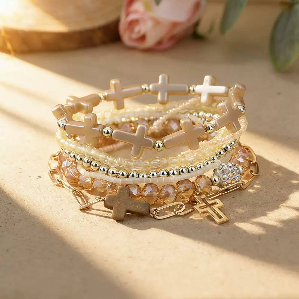 Cross Charm Beaded Bracelet Stack – Gold & Cream Layered Set