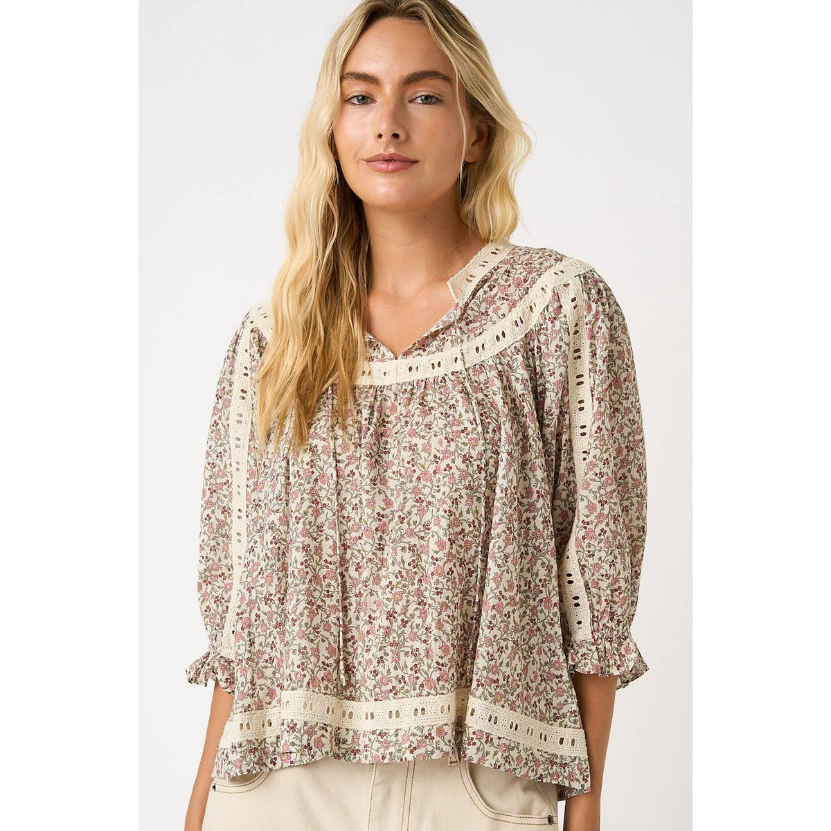 Ivory/Rose Floral Peasant Top with Lace Trim