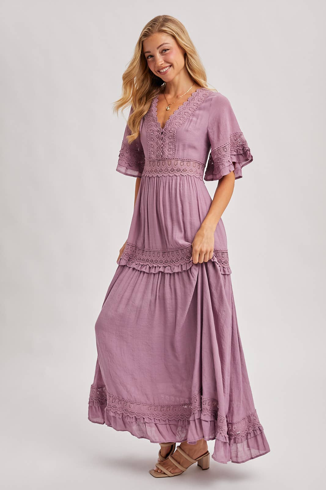 Lace V Neck Maxi Dress with Ruffle Sleeves (Olive & Ivory)