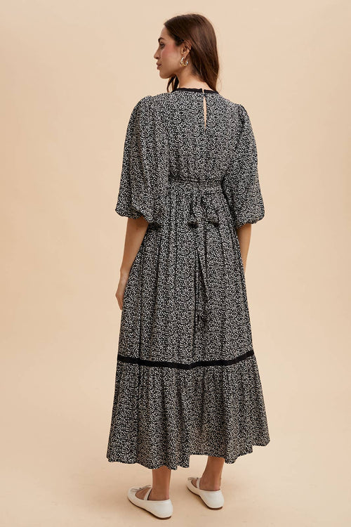 Black Spotted Maxi Dress with Lace Details