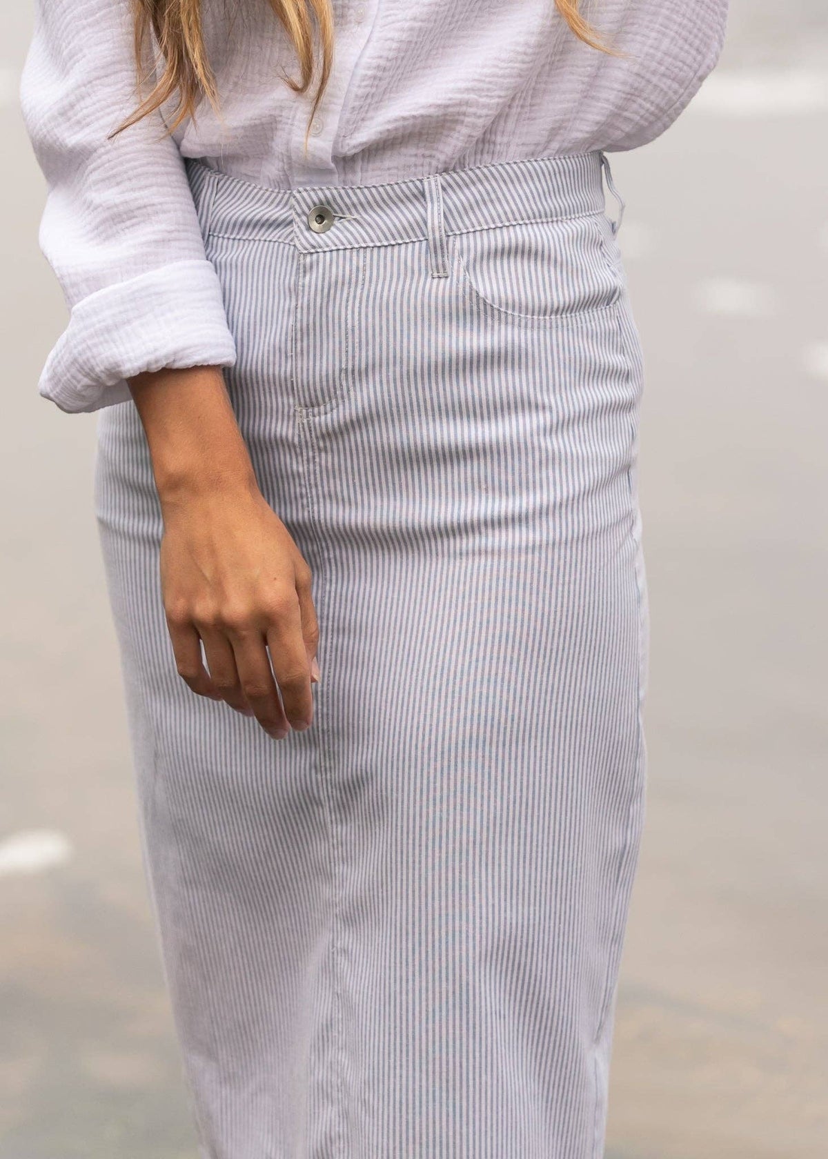 Bay Light Blue Striped Midi Skirt: XL