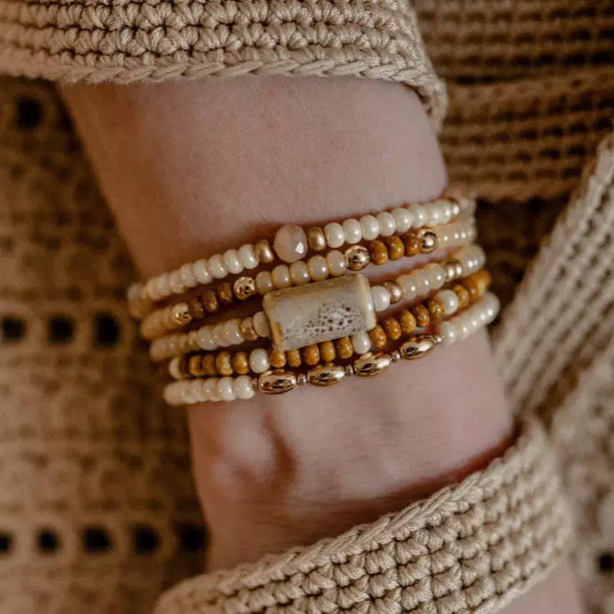 Coastal Blush Beaded Stretch Bracelet Set | Neutral Boho Sta