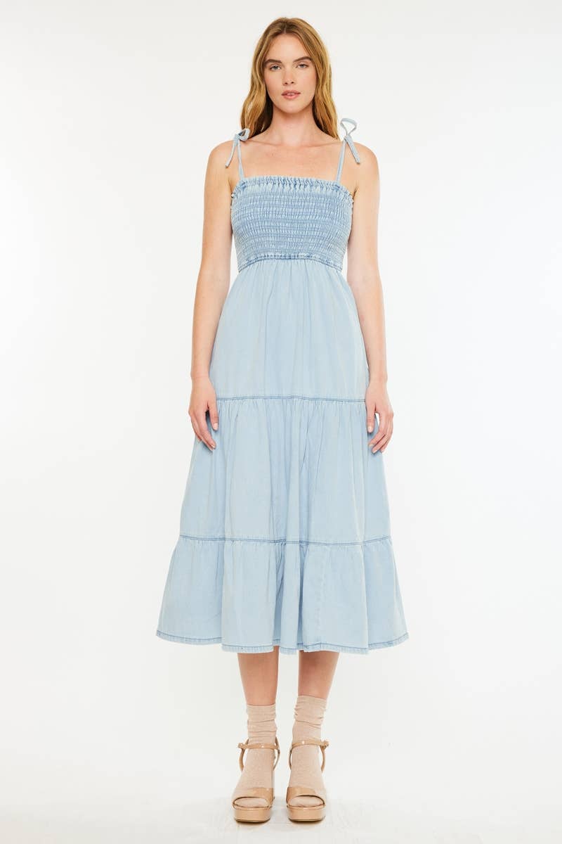 Light Wash Denim Dress with Smocking Detail - Kan Can