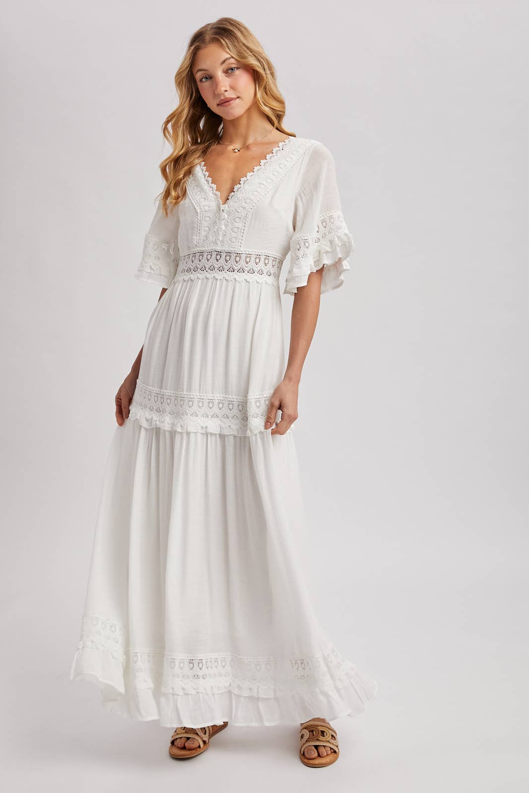 Lace V Neck Maxi Dress with Ruffle Sleeves (Olive & Ivory)