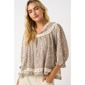 Ivory/Rose Floral Peasant Top with Lace Trim