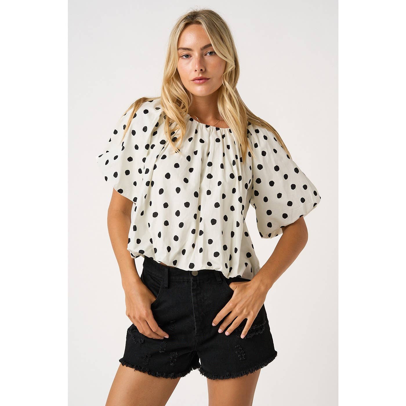 White/Black Polka Dotted Bubble Blouse