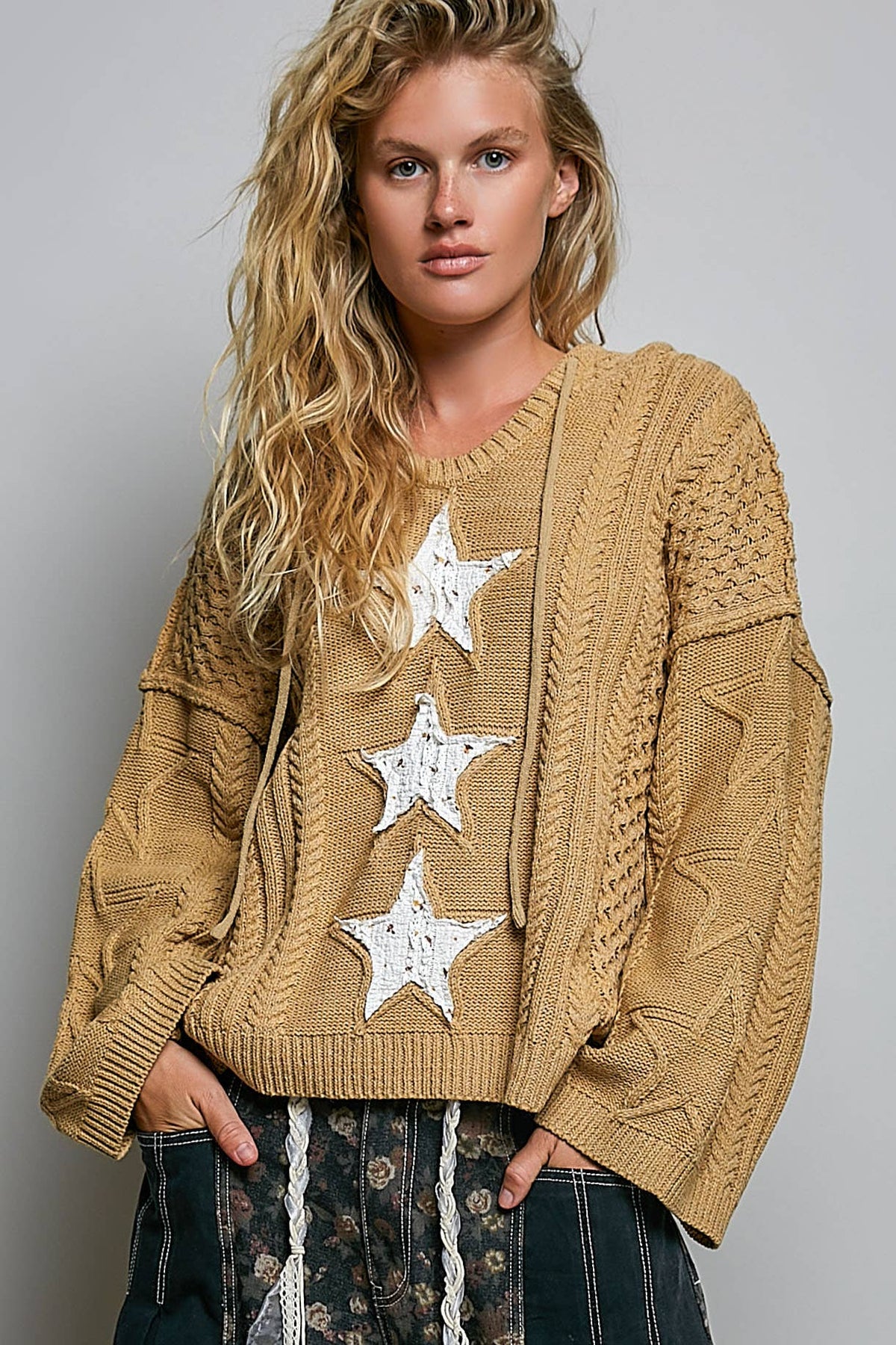 Mocha Star Lace Patch Hooded Acrylic Sweater Top