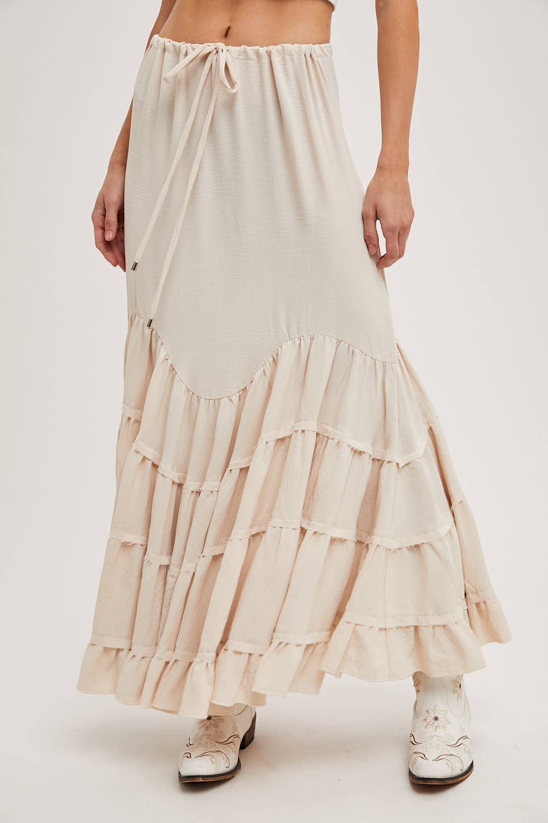 RUFFLED DRAWSTRING WASIT MAXI SKIRT WITH LINING
