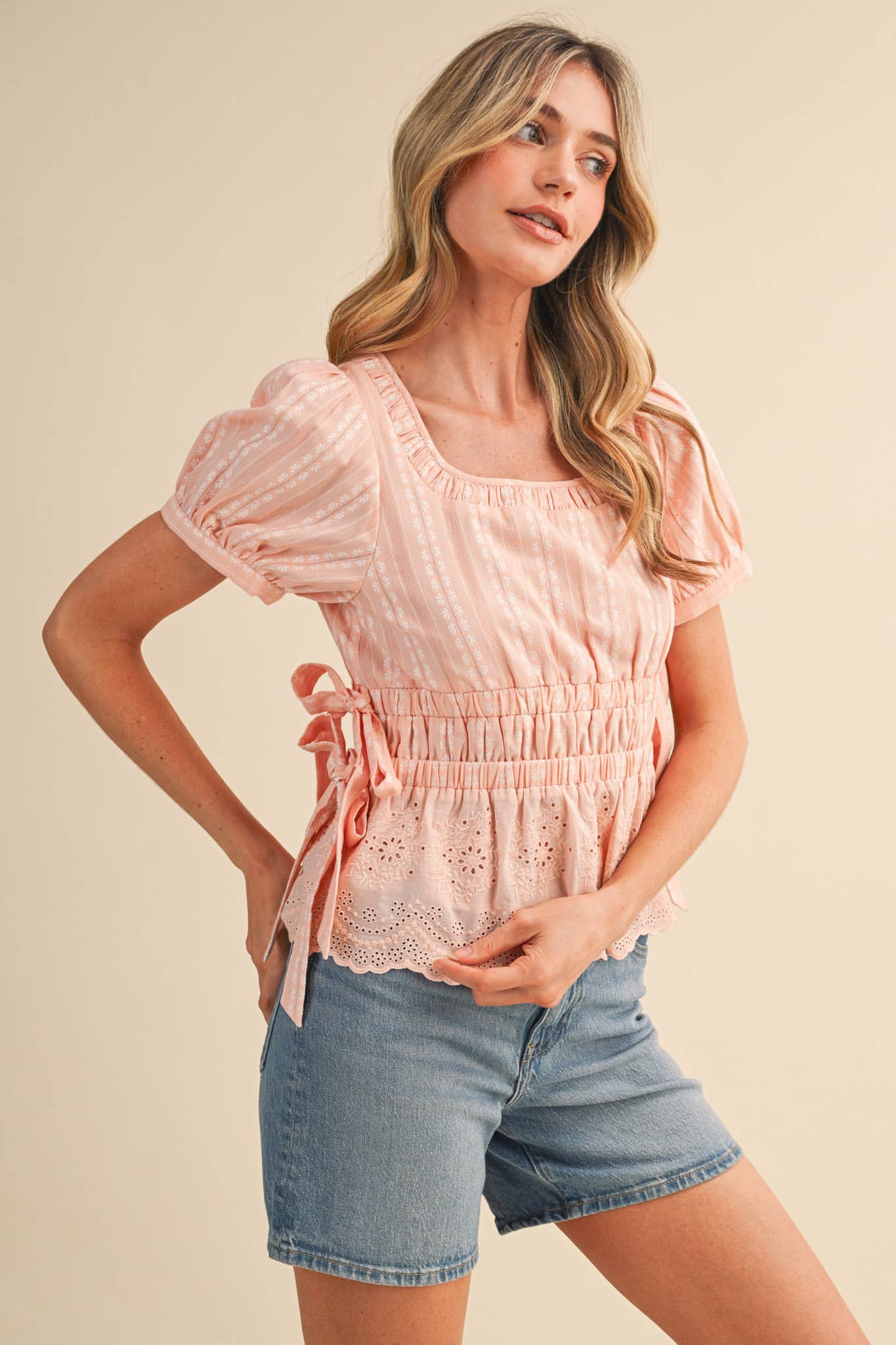 Denim Blue Striped Floral Eyelet Hem Peplum Top