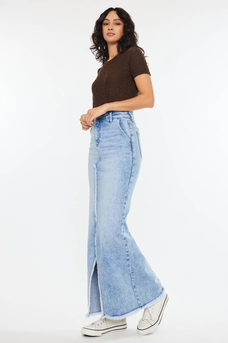 Medium Wash High Waisted Maxi Skirt with Front Slit - Kan Can