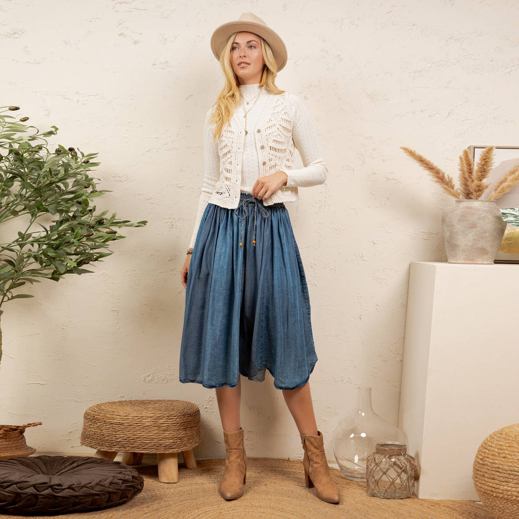 Shirred Elastic Waist Denim Skirt
