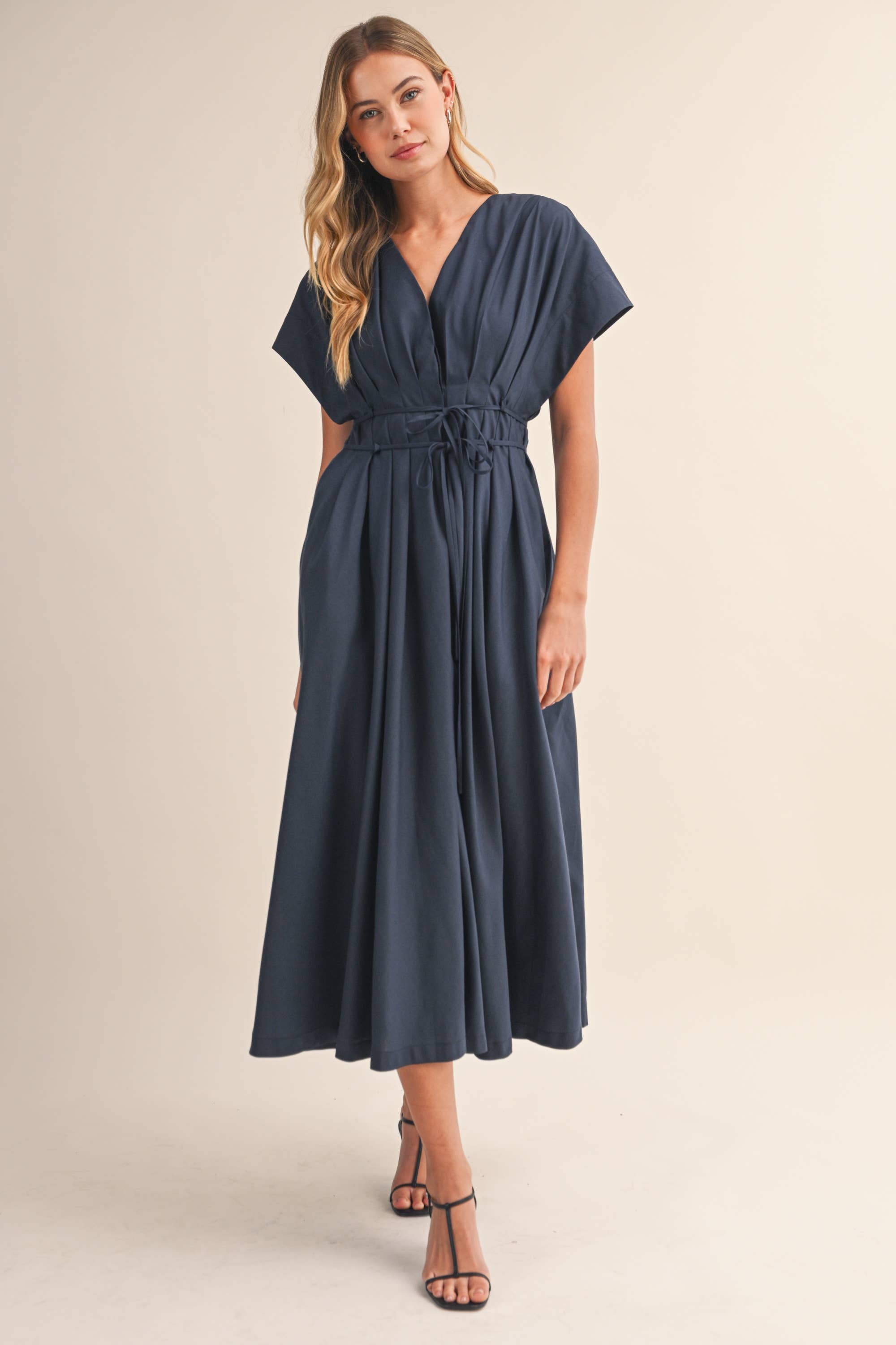 Navy Pleated Belt Mid Length Dress