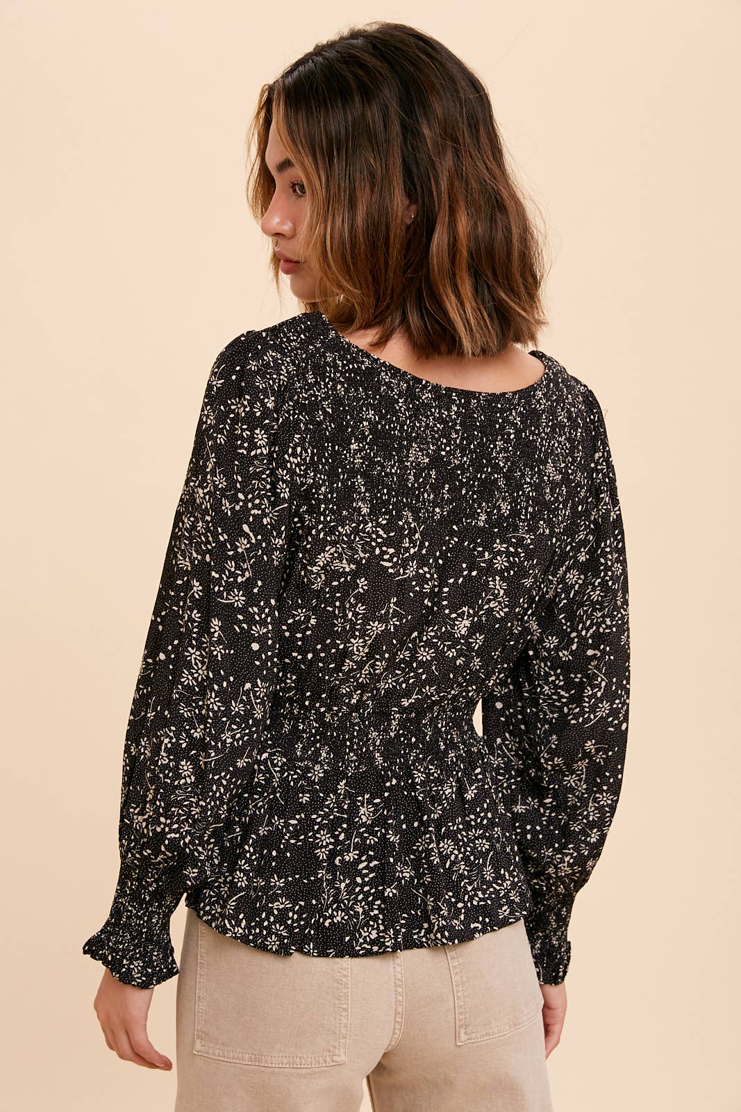 Black Ditsy Floral Blouse with Smocked Waist