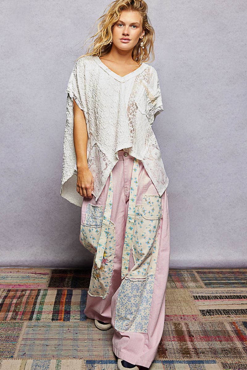 Lavender Patchwork Lace Oversized V-Neck Raw Edge Top