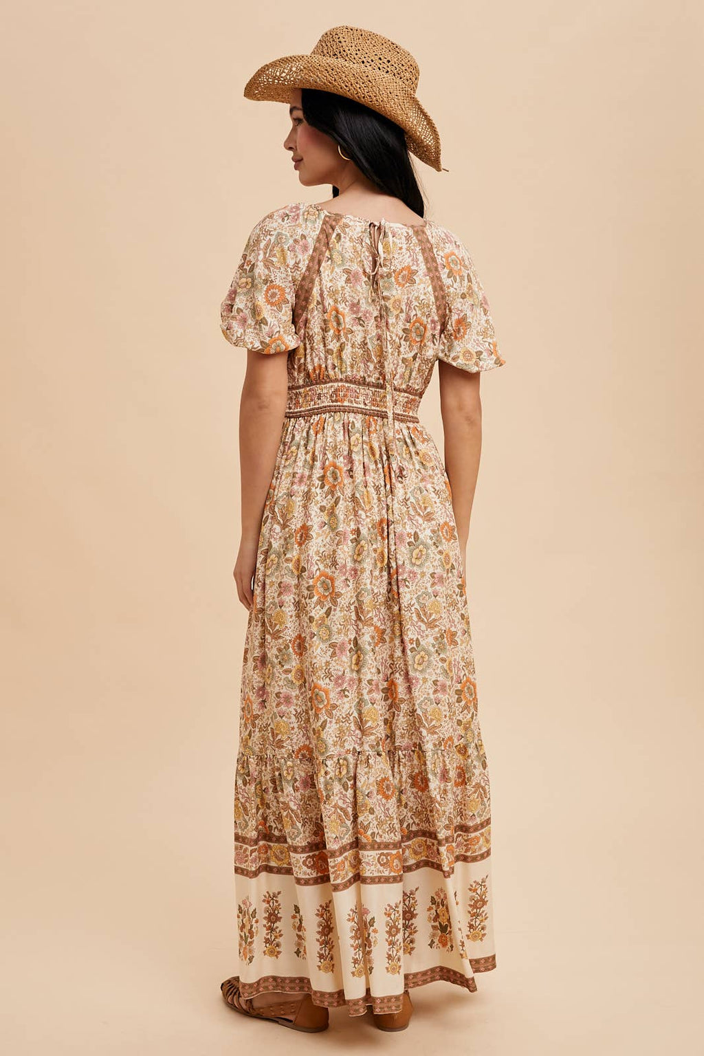 Dusty Blue Border Print Maxi Dress with Puff Sleeves