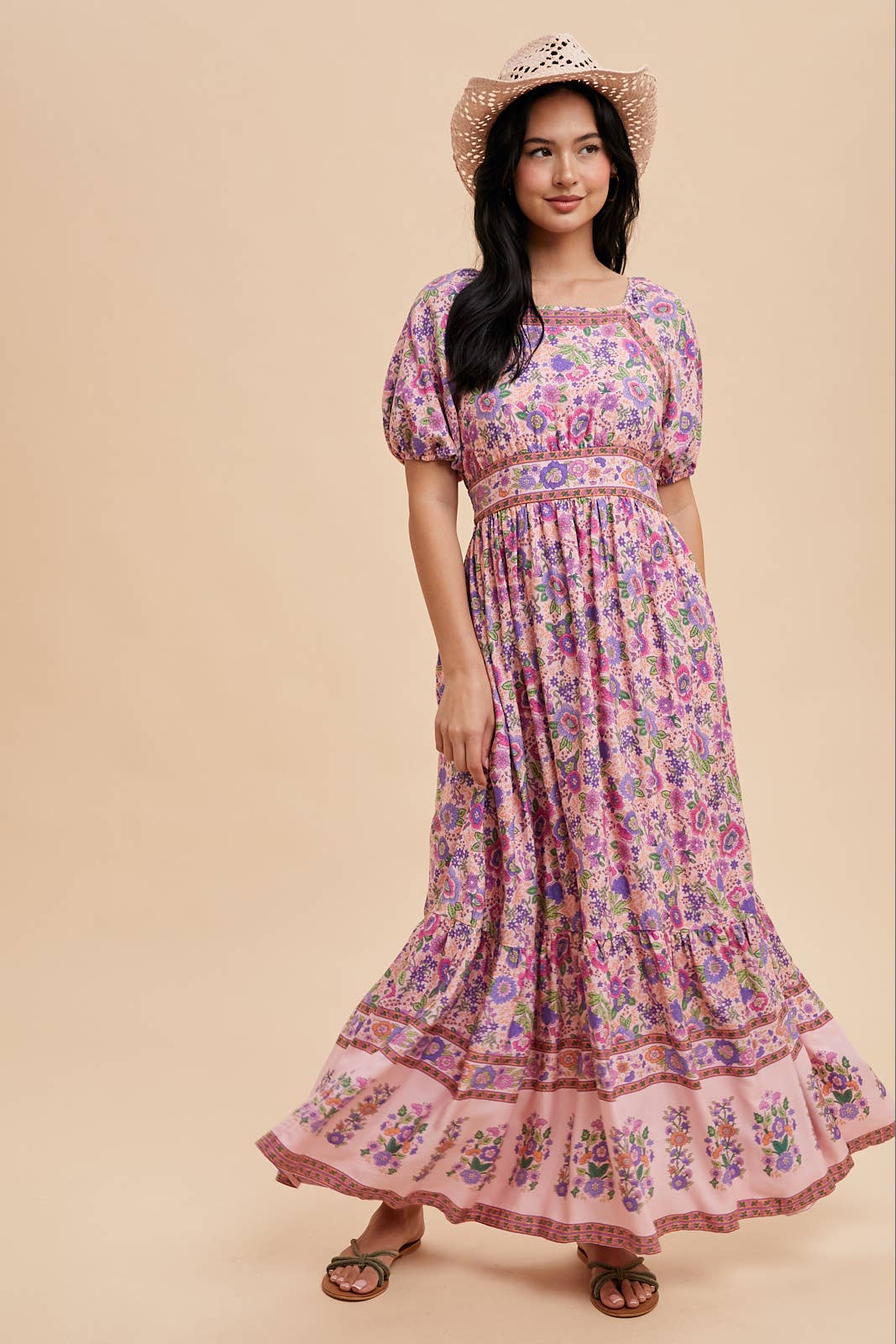 Dusty Blue Border Print Maxi Dress with Puff Sleeves