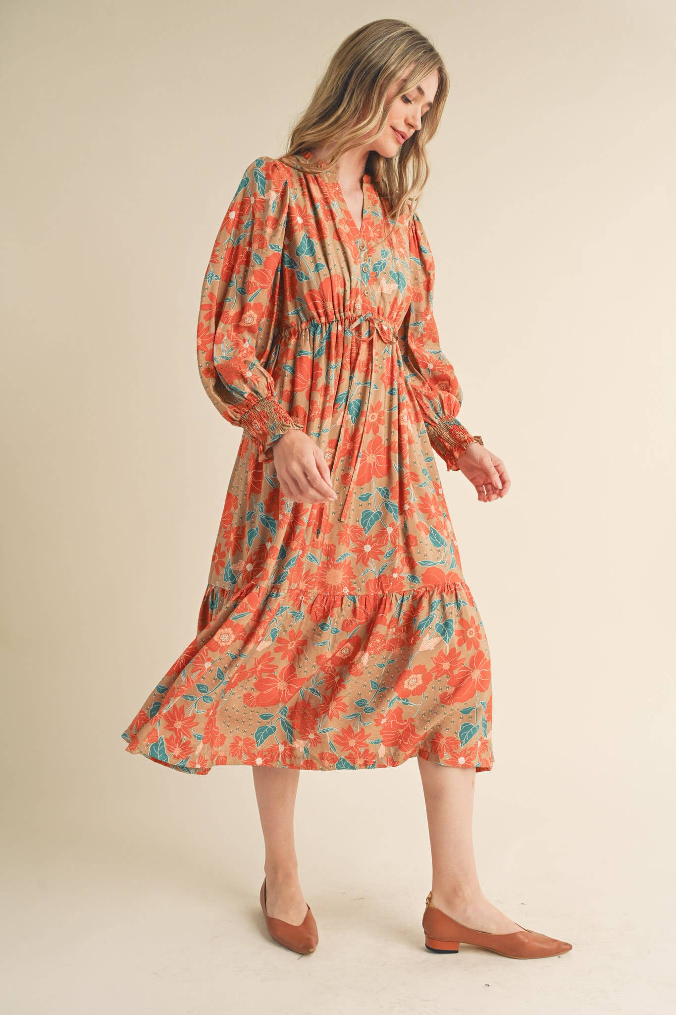 Cream with Rust/Teal Floral Ruffle Maxi Dress