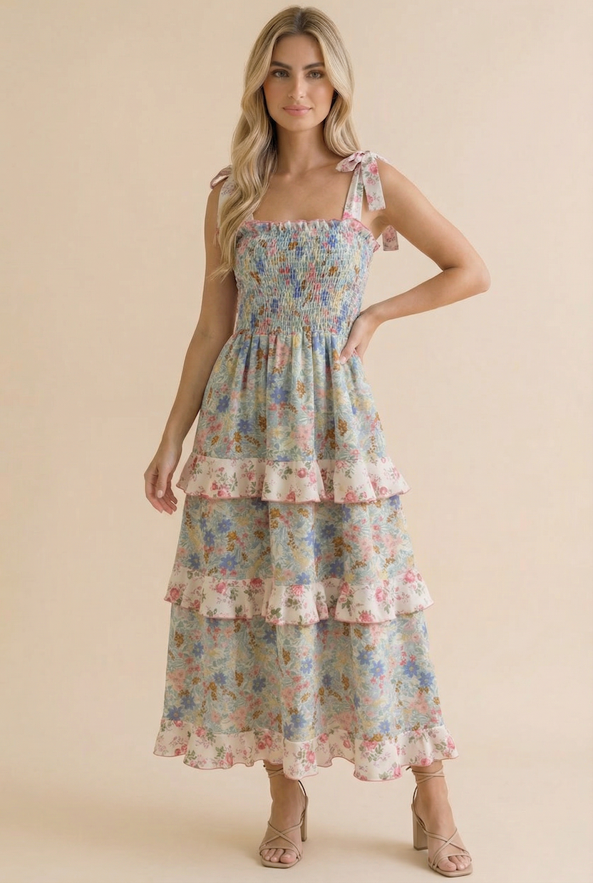 Plus Smocking Tube Color Block Floral Maxi Dress