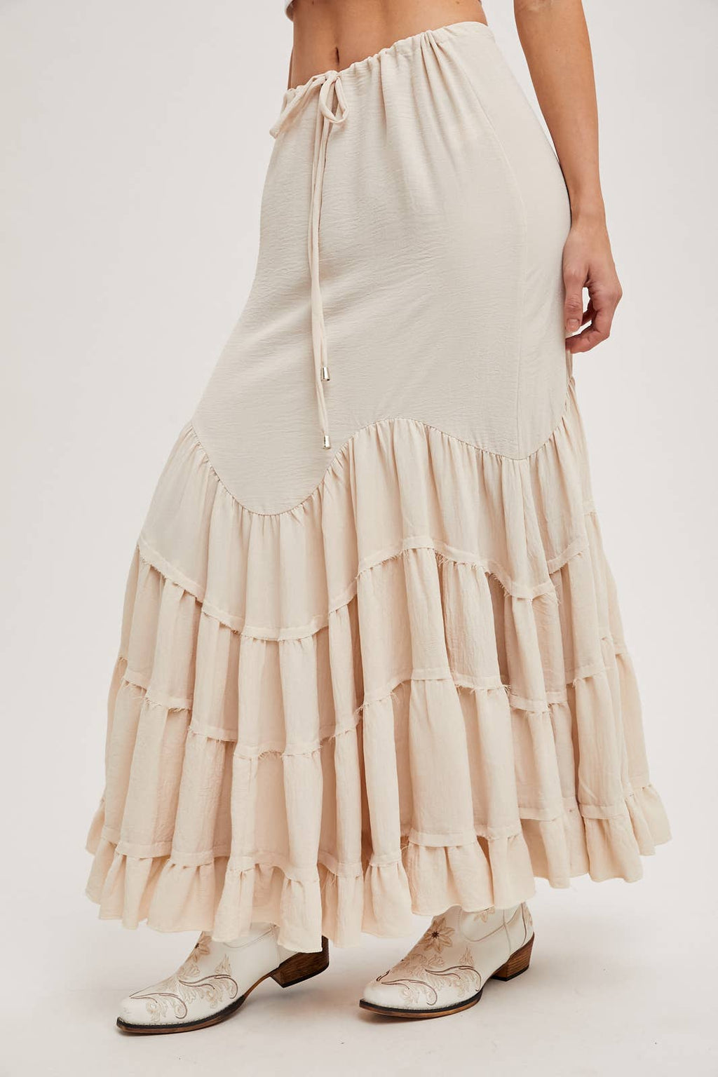 RUFFLED DRAWSTRING WASIT MAXI SKIRT WITH LINING