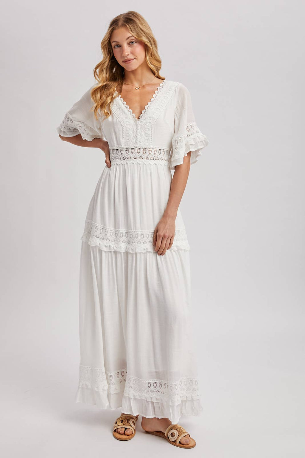 Lace V Neck Maxi Dress with Ruffle Sleeves (Olive & Ivory)