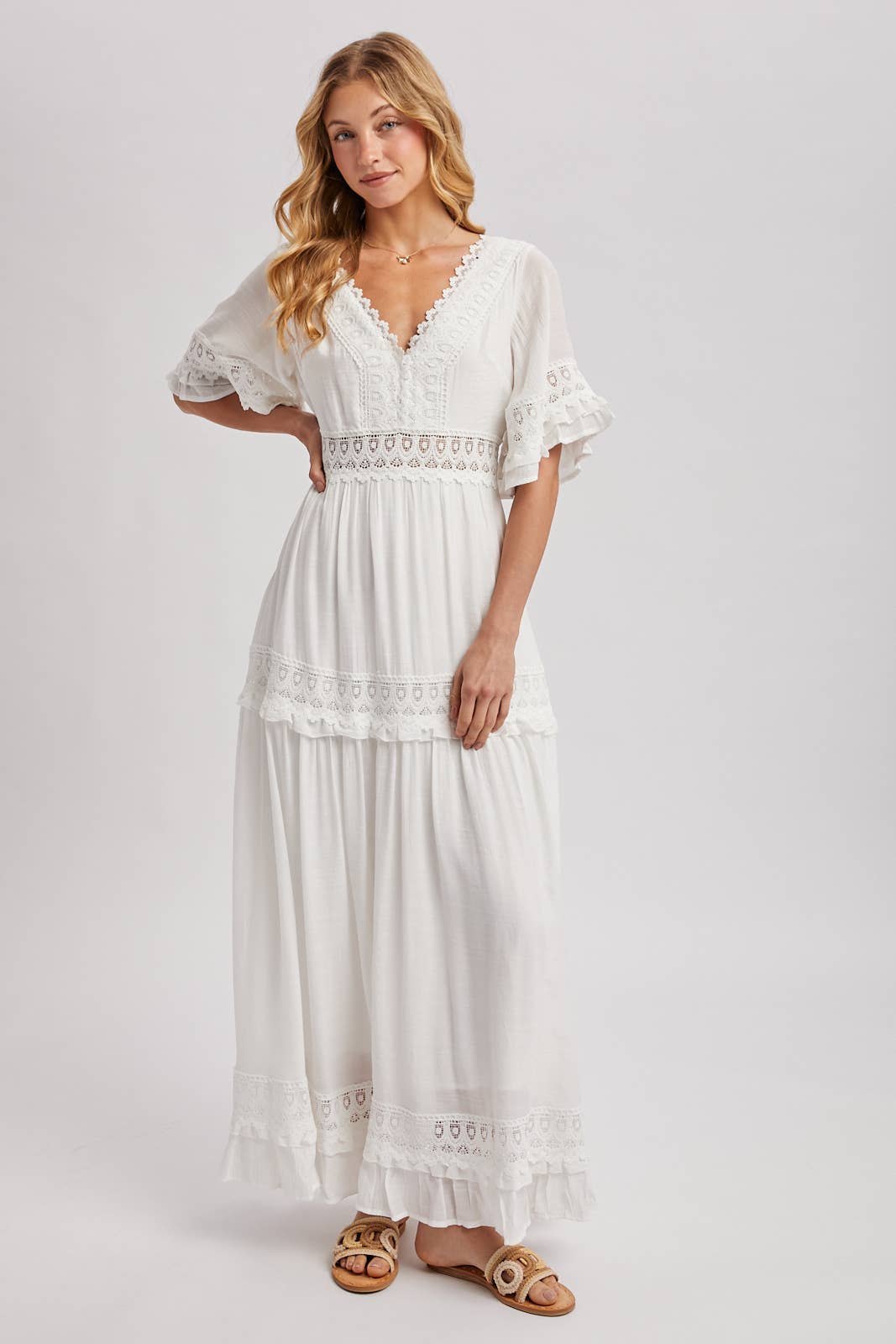 Lace V Neck Maxi Dress with Ruffle Sleeves (Olive & Ivory)