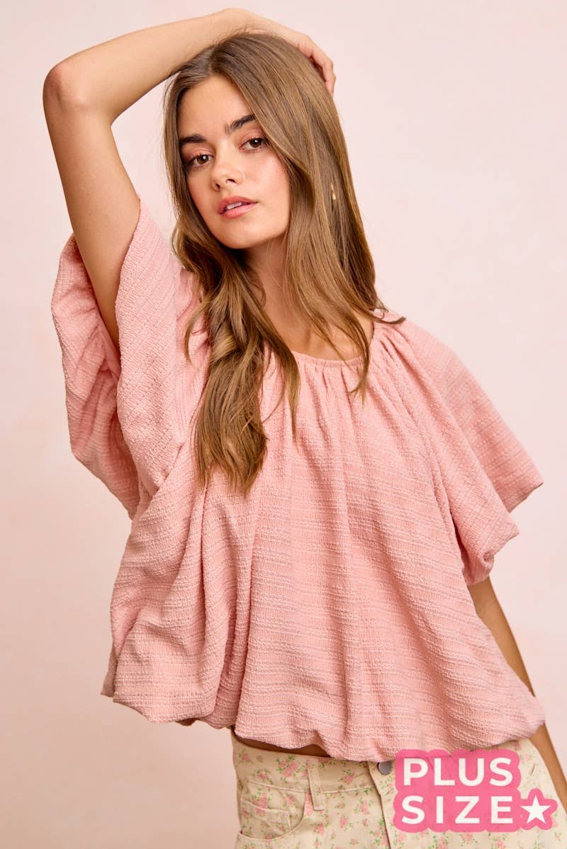 STRIPES TEXTURED SHIRRED NECKLINE BUBBLE HEM TOP