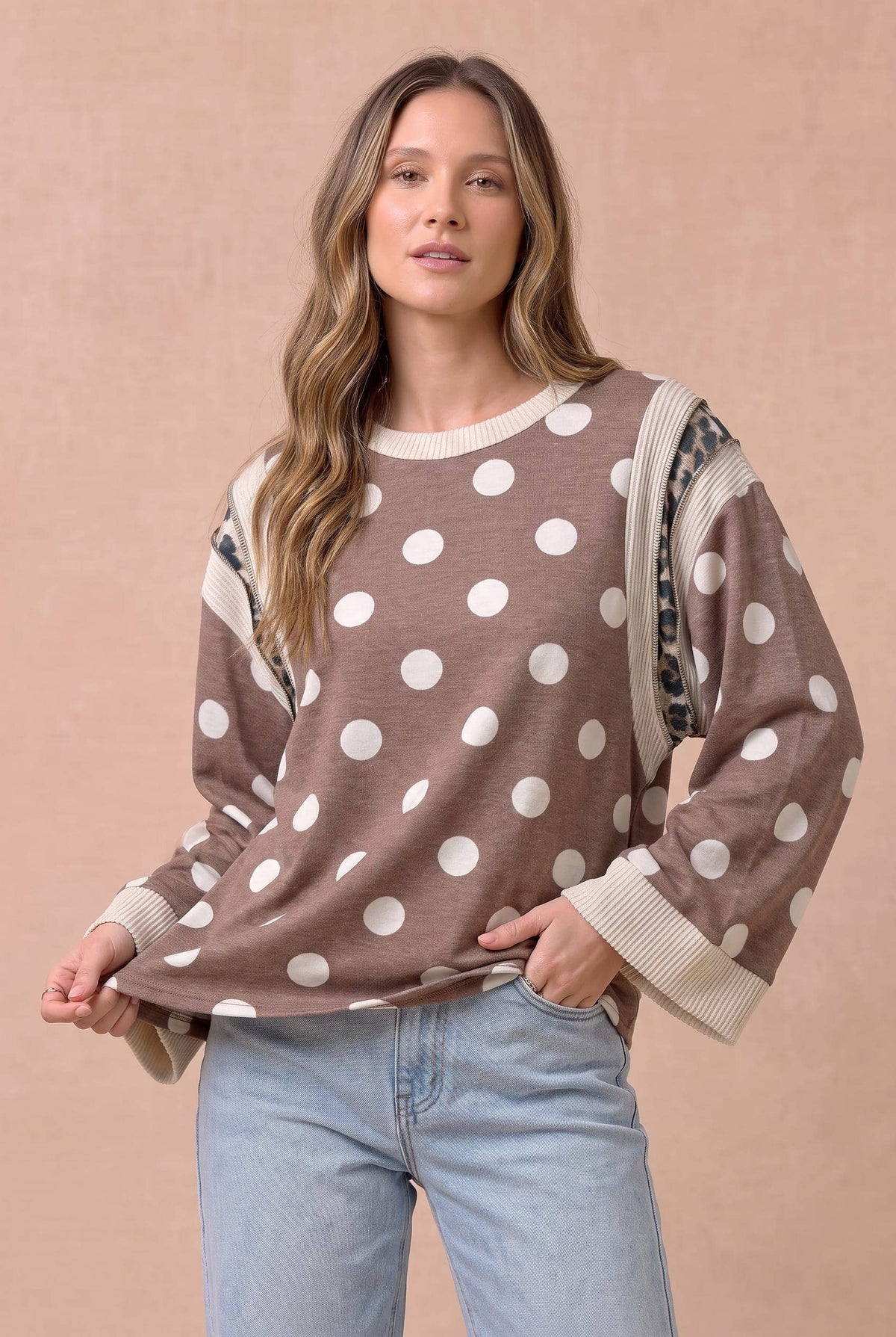 Plus Polka Dot Mixed Media Knit Top