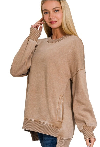 ACID WASH FLEECE HI-LOW HEM PULLOVER