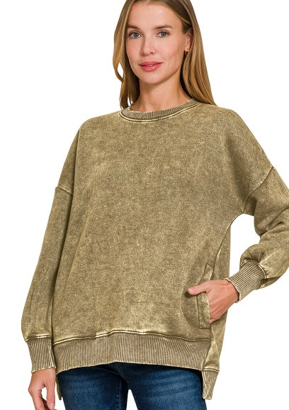 ACID WASH FLEECE HI-LOW HEM PULLOVER
