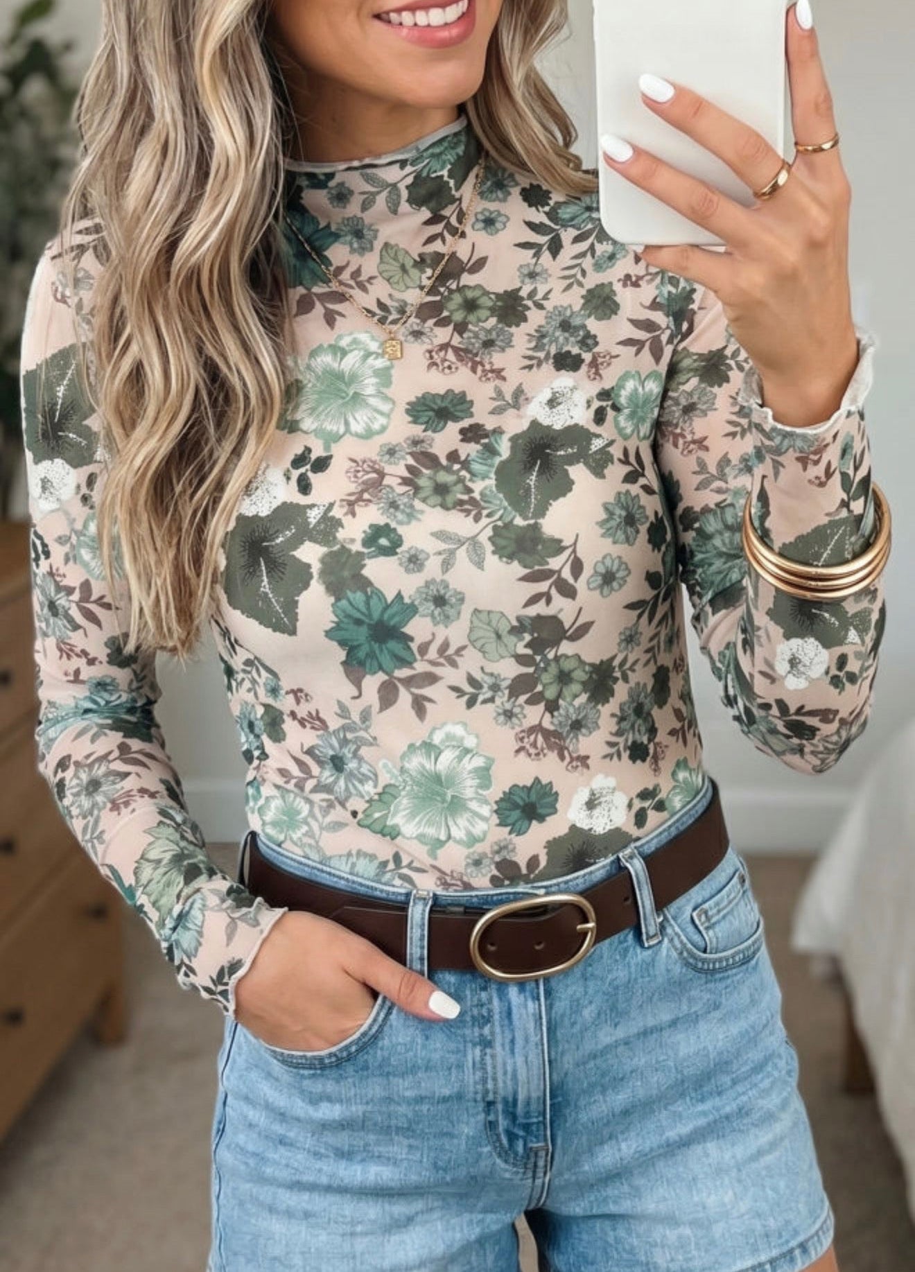 Green Western Style Mesh Long Sleeve Top