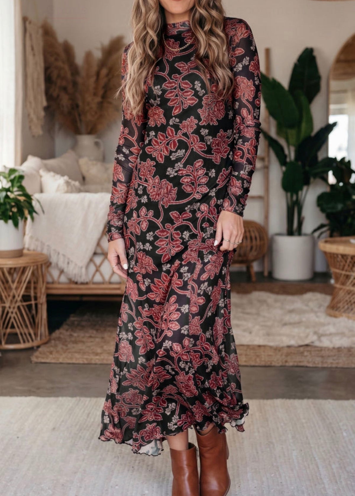 Black Retro Floral Print Mesh Long Sleeve Dress