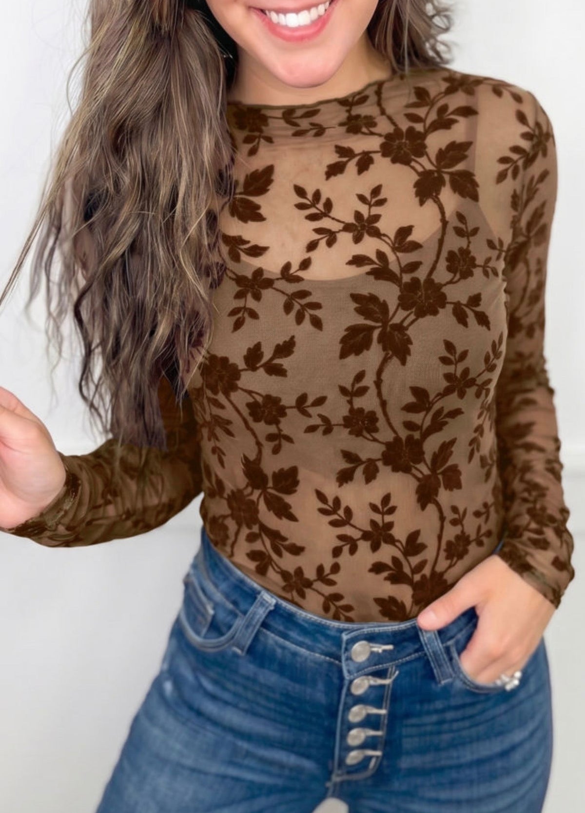 Apricot Floral Mesh Long Sleeve Round Neck